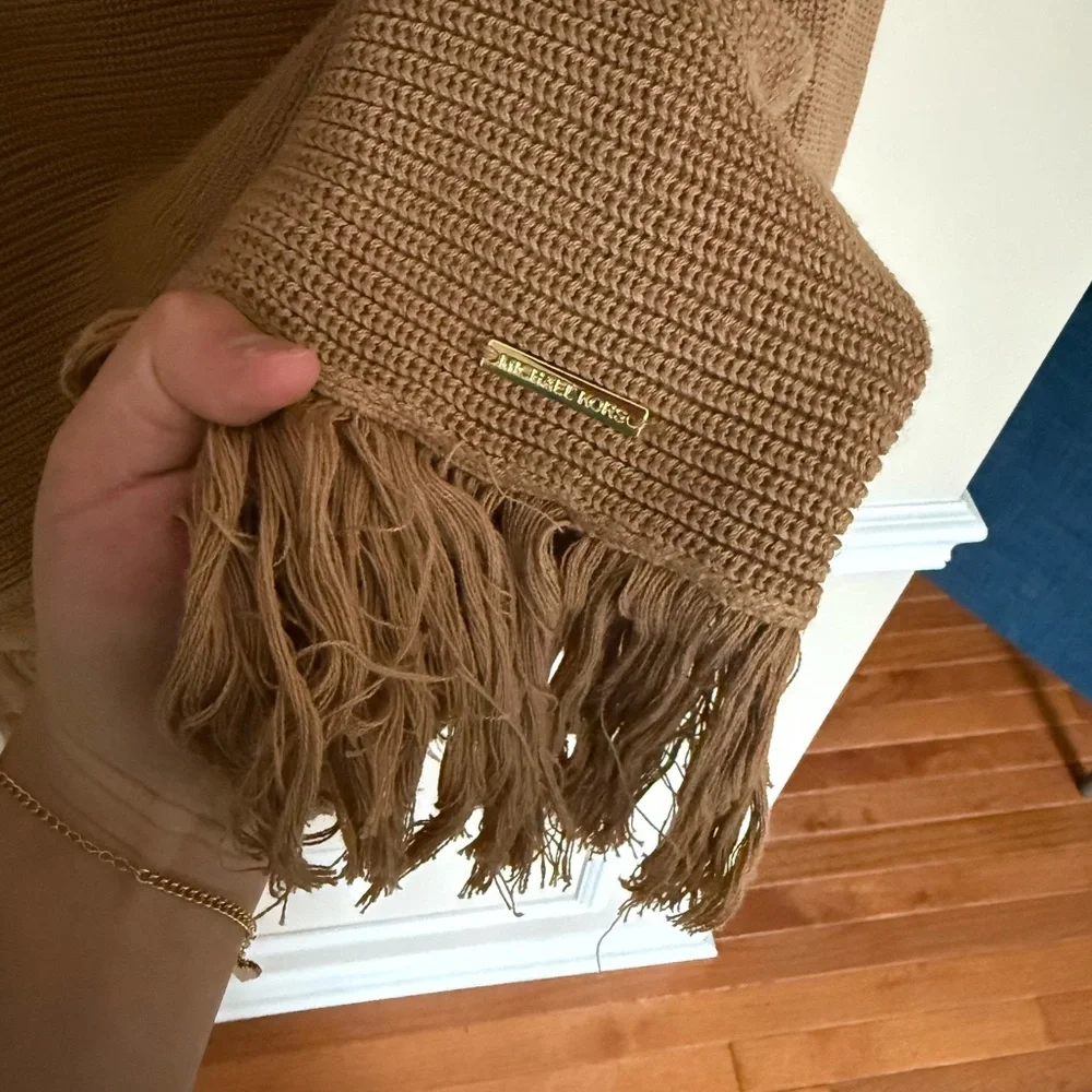 Camel Michael Kors Knit Turtle Neck Fringe Bottom Pullover Sweater Boho Size L - Picture 4 of 11